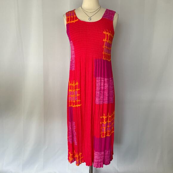 Boho Midi Dress Size Large Pink Patchwork Shirred Bodice Sleeveless Beachy - Picture 2 of 14
